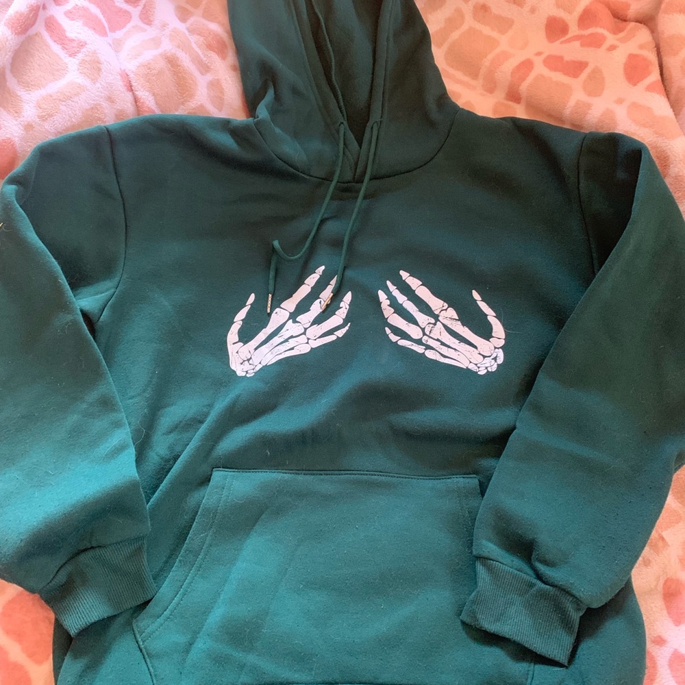 Green Hoodie with Skeleton Hands Design
